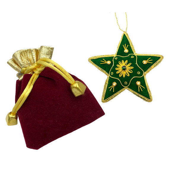 Zari Green Star Christmas Ornament, Zardozi Embroidery, Gift Bag - Picture 6 of 6
